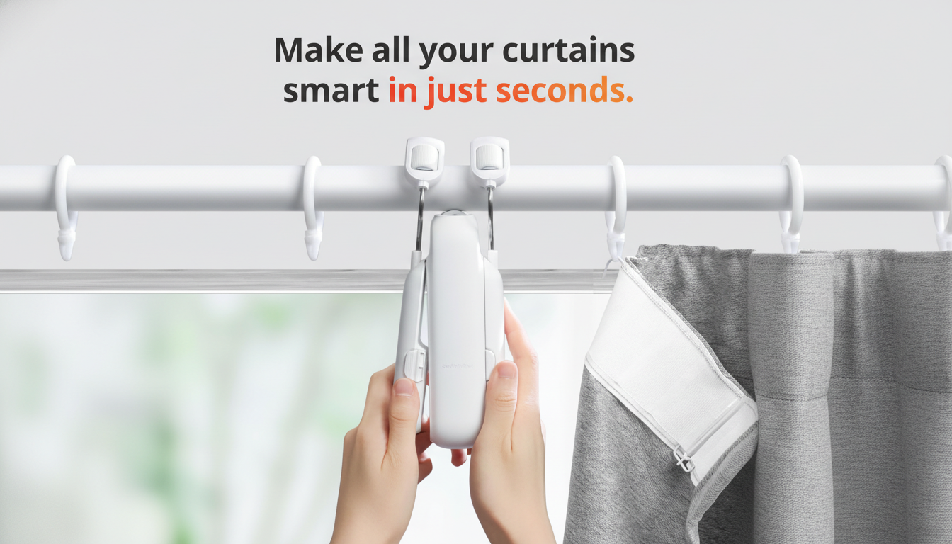 A pair of hands installing a white smart curtain device onto a curtain rod, with the text Make all your curtains smart in just seconds. above.