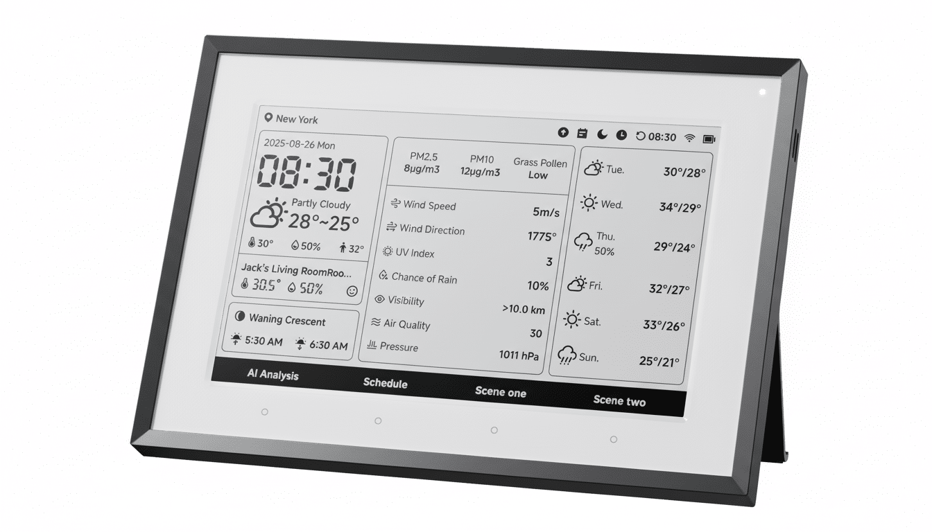 A smart home display showing weather information and various environmental metrics.