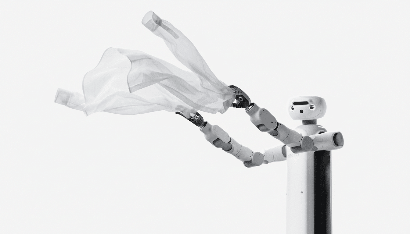 A white robot with articulated arms holds up a flowing white fabric against a plain white background.
