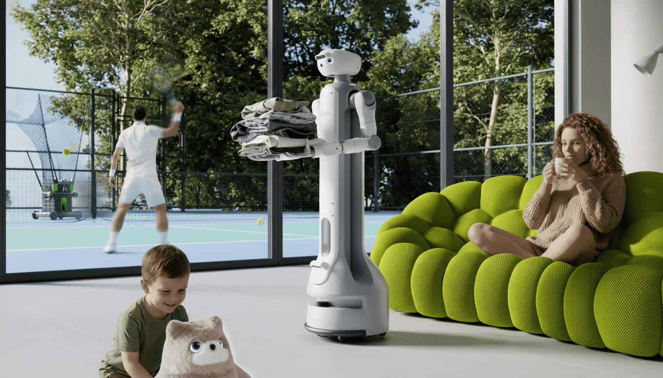 A robot holding folded laundry stands in a modern living room with a woman on a green couch, a child playing with a toy, and a man playing tennis outside a large window.