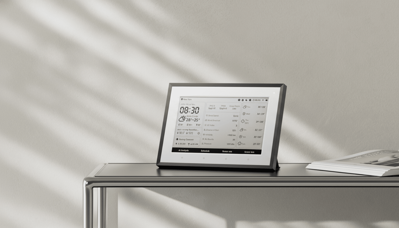A smart display showing weather information, placed on a modern metallic side table.