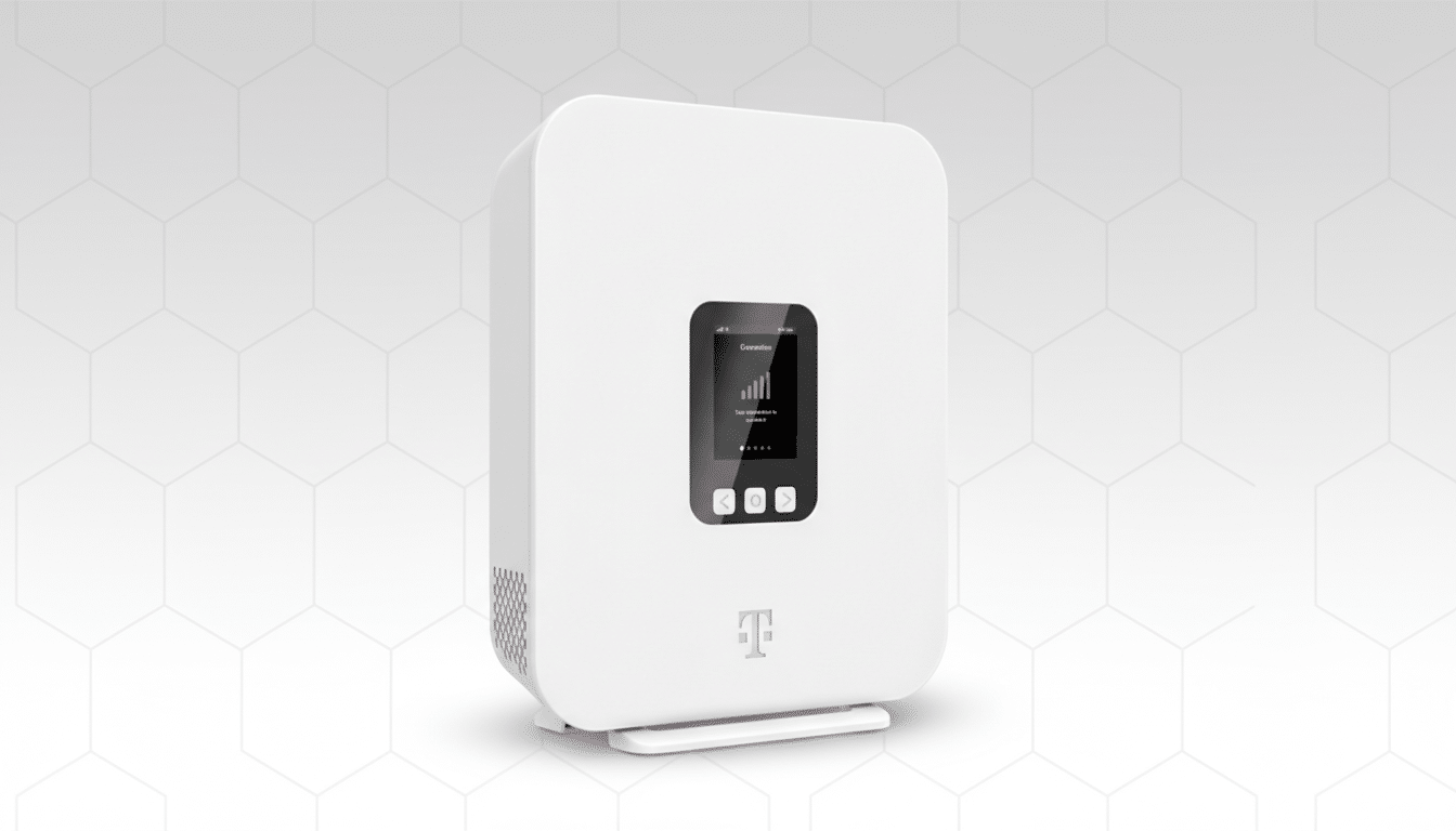 A white T-Mobile 5G home internet gateway device with a screen displaying Connection and a strong signal, set against a professional light gray background with a subtle hexagonal pattern.