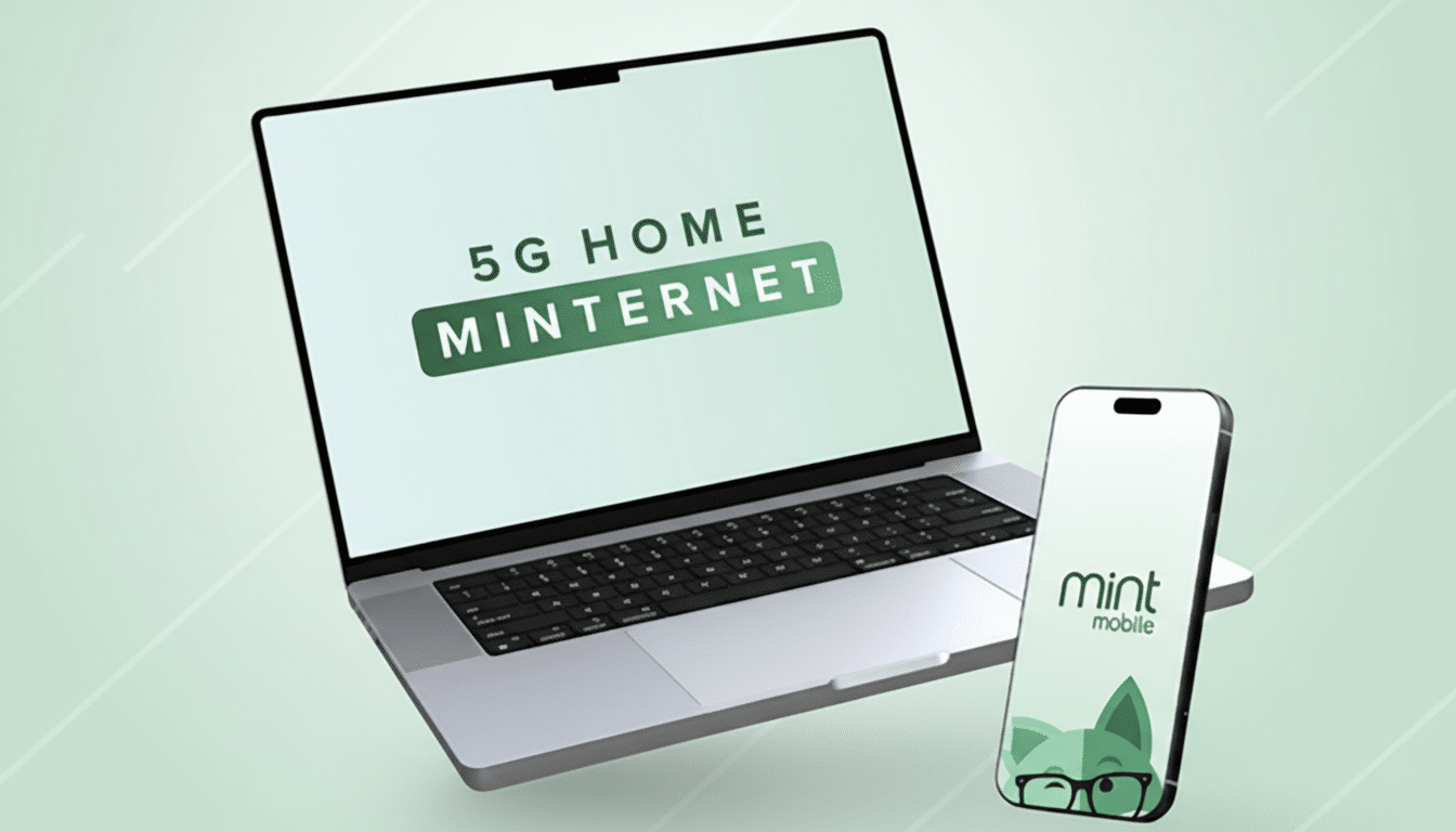 A laptop displaying 5G HOME MINTERNET and a smartphone with the Mint Mobile logo, set against a professional light green background with subtle circular patterns.