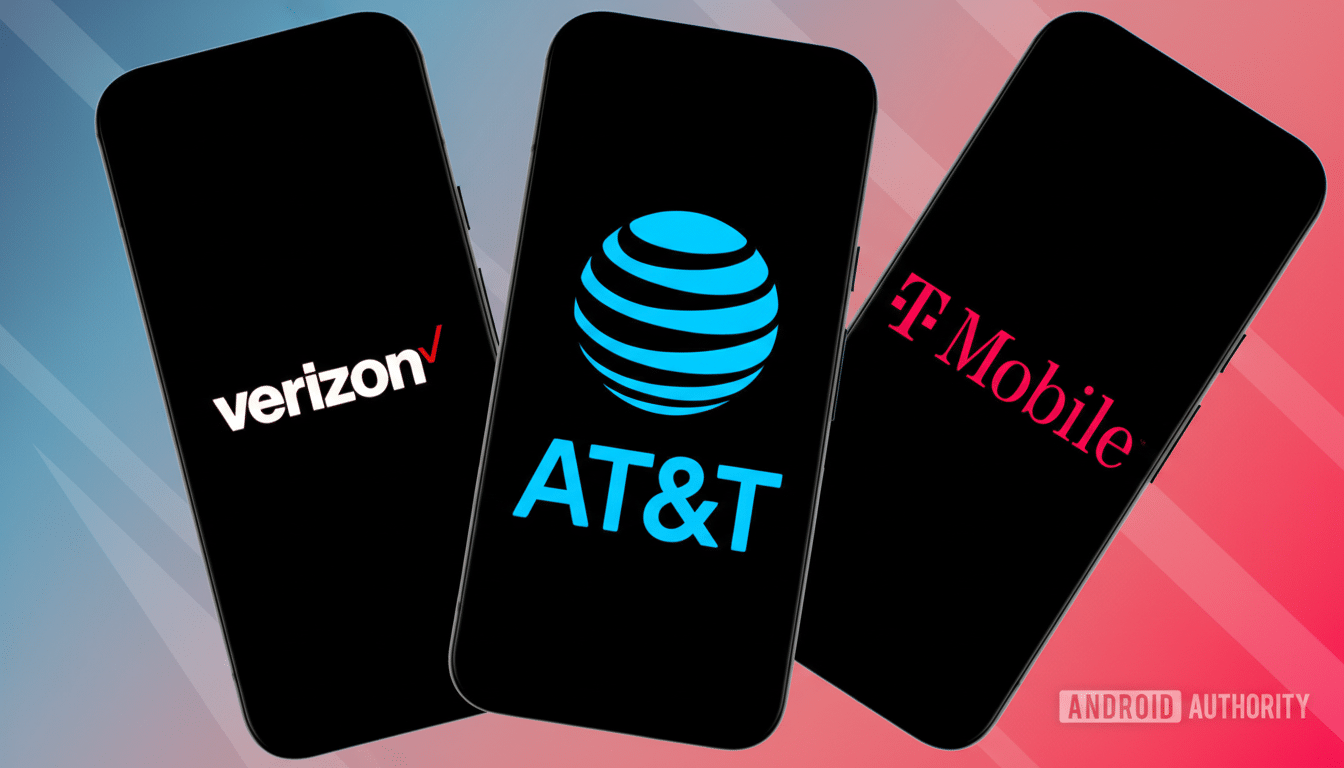 Three smartphones displaying the logos of Verizon, AT&T, and T-Mobile, set against a gradient background.