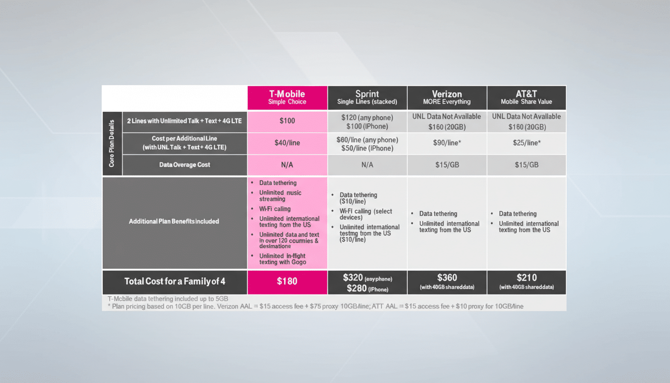 A comparison table of mobile phone plans from T-Mobile, Sprint, Verizon, and AT&T, showing costs for lines, data overage, and additional plan benefits, resized to a 16:9 aspect ratio with a professional flat design background.