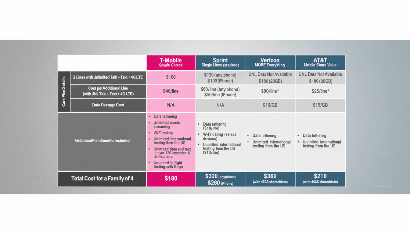 A comparison table of mobile phone plans from T-Mobile, Sprint, Verizon, and AT&T, detailing costs, data overage, and additional benefits.