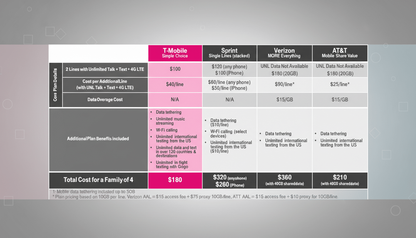 A comparison table of mobile phone plans from T-Mobile, Sprint, Verizon, and AT&T, showing costs for two lines and additional lines, data overage costs, and additional plan benefits. The table is presented on a professional flat design background with soft patterns.
