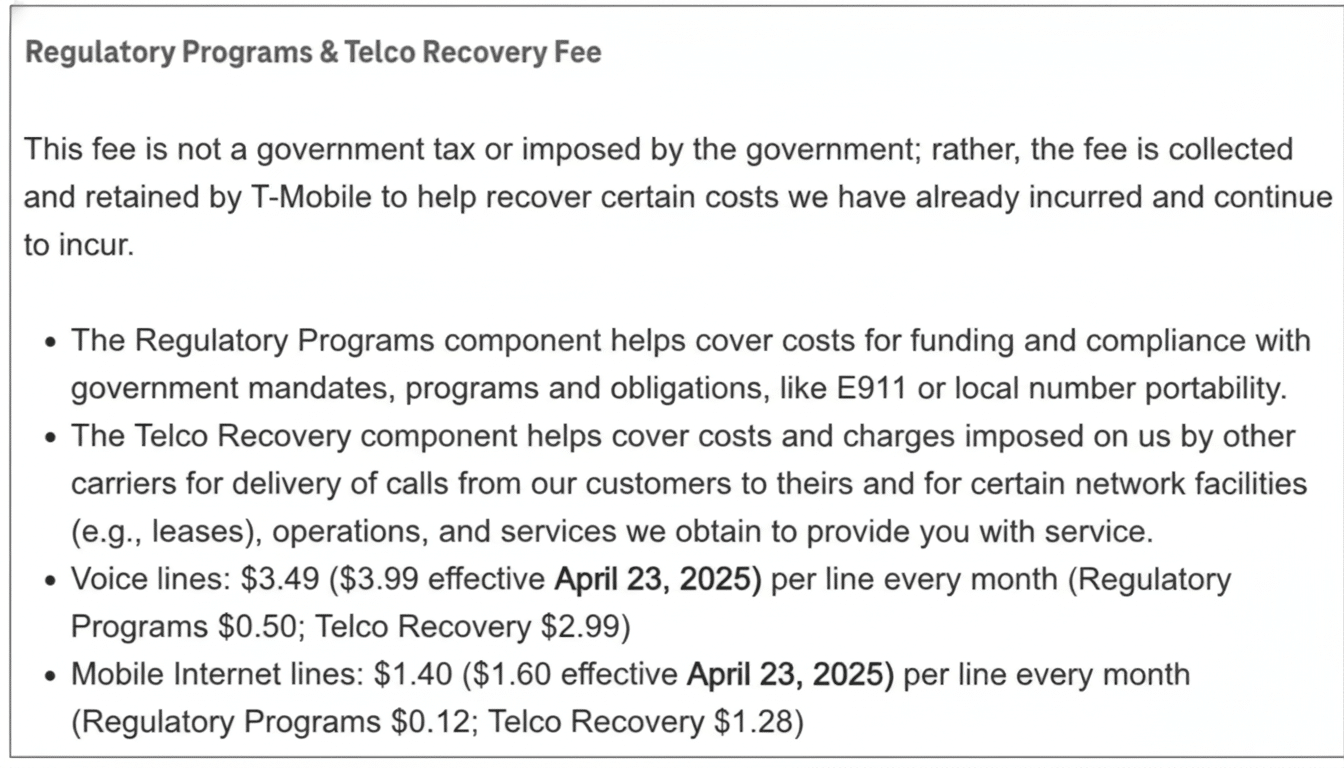 A document detailing T-Mobiles Regulatory Programs & Telco Recovery Fee, explaining its not a government tax but a fee to recover costs. It outlines what the fee covers and lists current and future charges for voice and mobile internet lines.