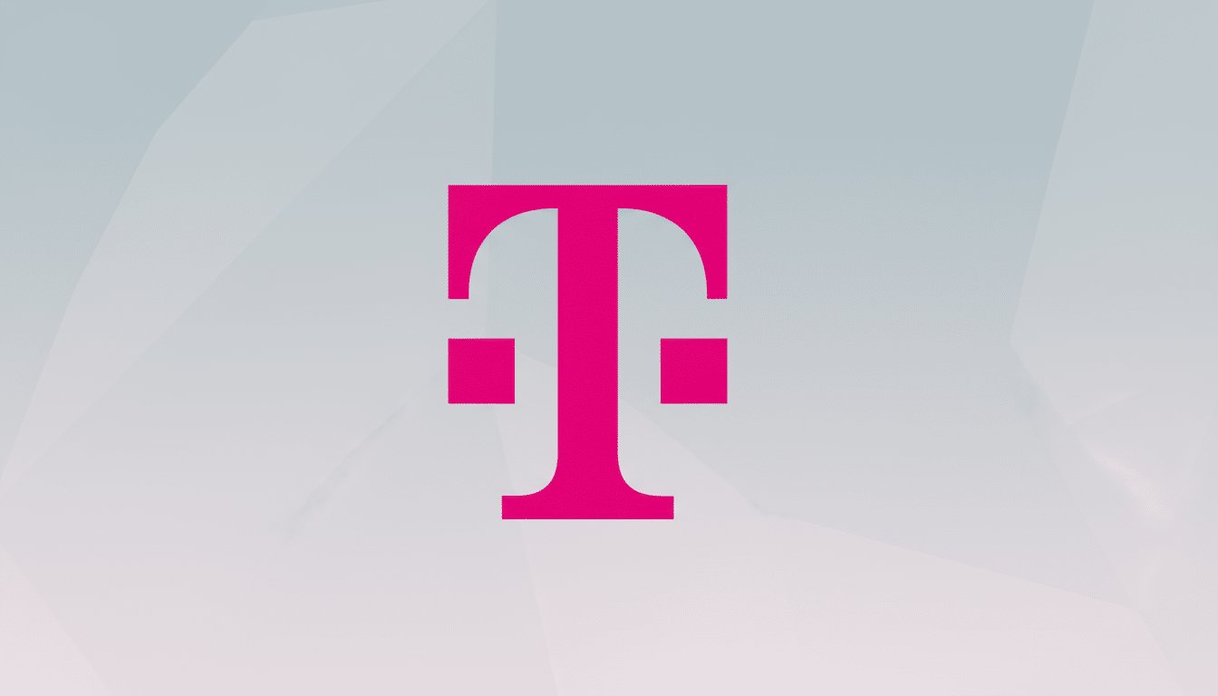 The T-Mobile logo, a stylized magenta T with two small squares on either side of its base, centered on a professional flat design background with soft gray and white geometric patterns.