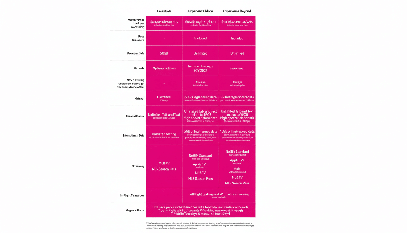 A resized image of a T-Mobile plan comparison table, now in a 16:9 aspect ratio, with a professional flat design background.