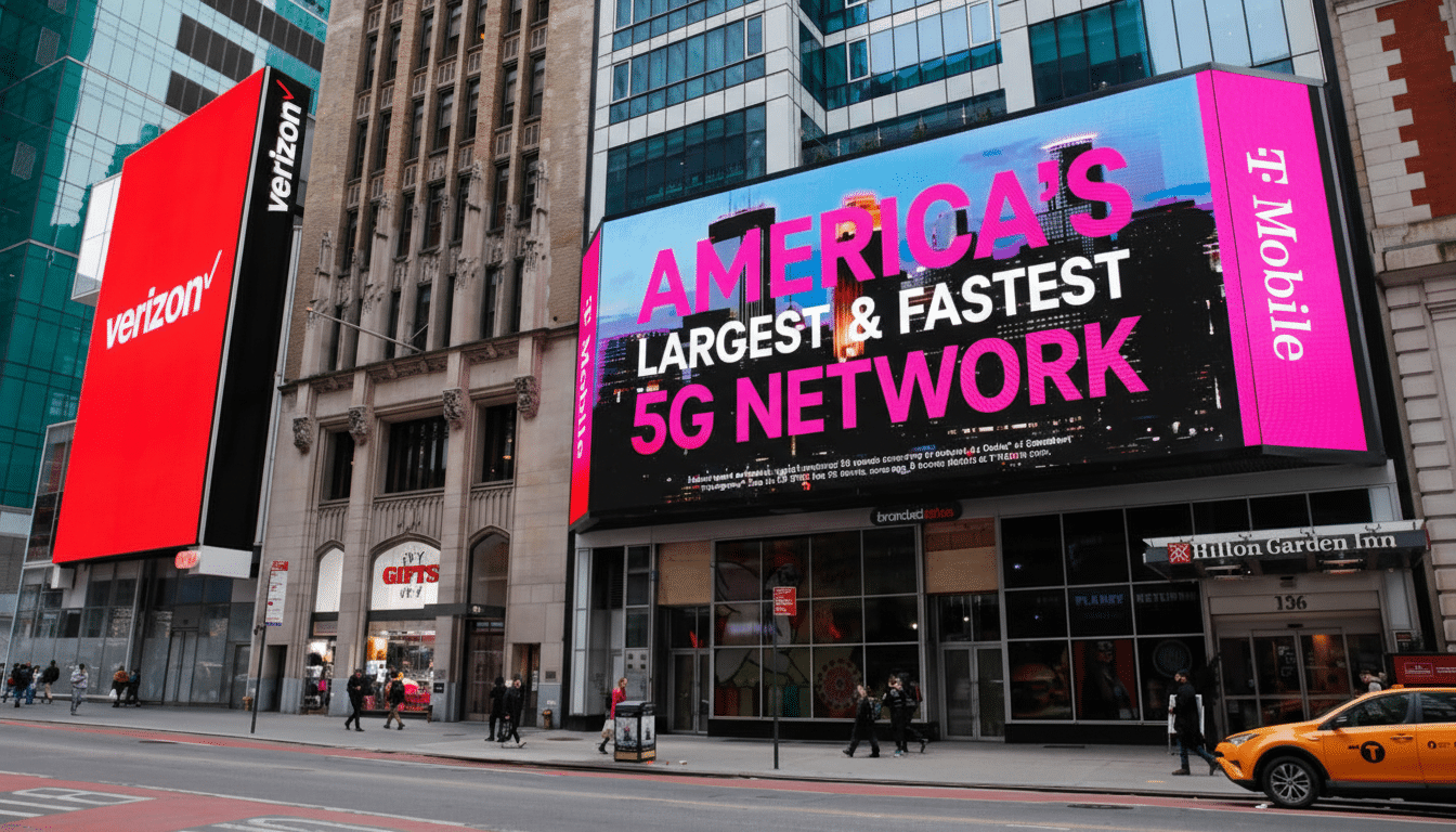A street view of a city building with a large digital billboard displaying Americas Largest & Fastest 5G Network in pink and white text, with a smaller Verizon sign to its left.