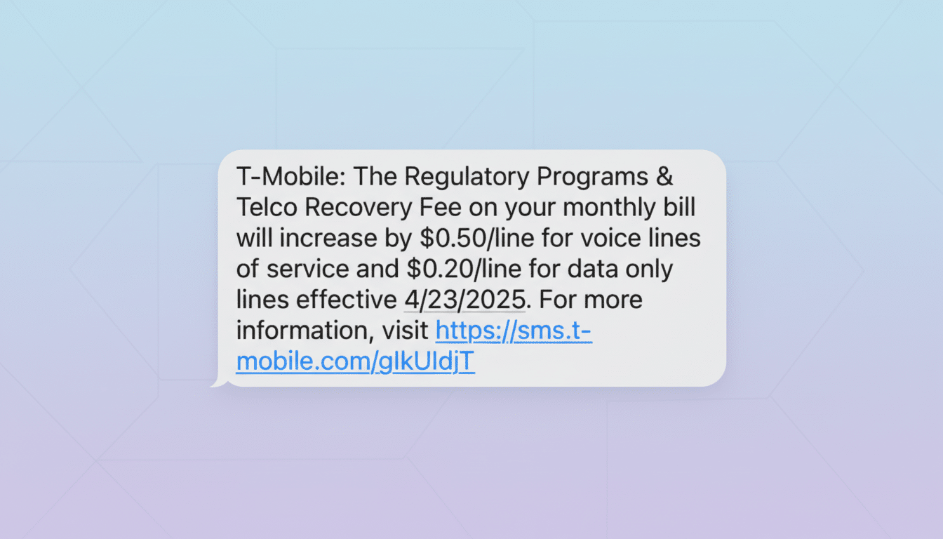A T-Mobile text message informing customers about an increase in the Regulatory Programs & Telco Recovery Fee, effective April 23, 2025, with a link for more information. The message is displayed on a professional flat design background with soft patterns and gradients.