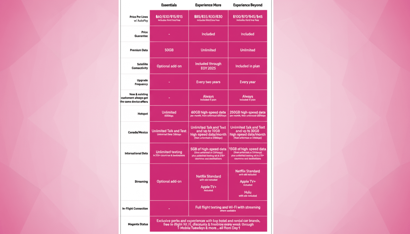 A magenta-colored comparison table detailing three T-Mobile plans: Essentials, Experience More, and Experience Beyond, with features like price, data, streaming, and international benefits.