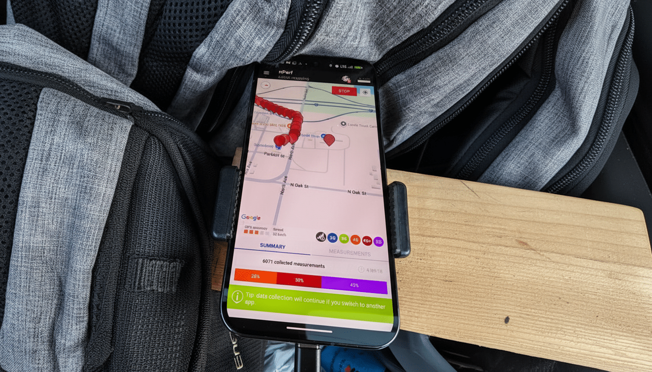 A smartphone displaying the nPerf app, showing a map with a red route, data collection statistics, and network speed information, mounted in a car holder with a backpack and wooden surface in the background.