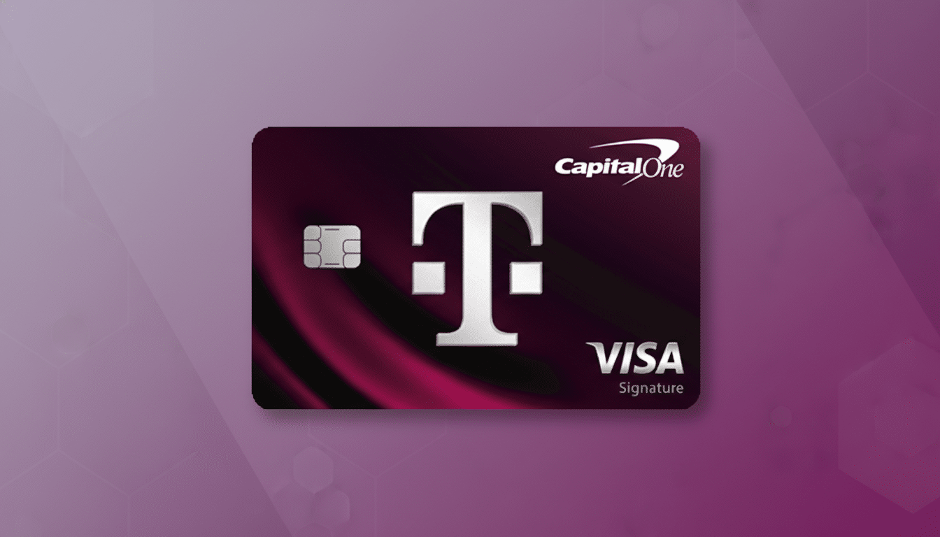 A Capital One T-Mobile Visa Signature credit card with a professional flat design background featuring soft patterns and gradients.