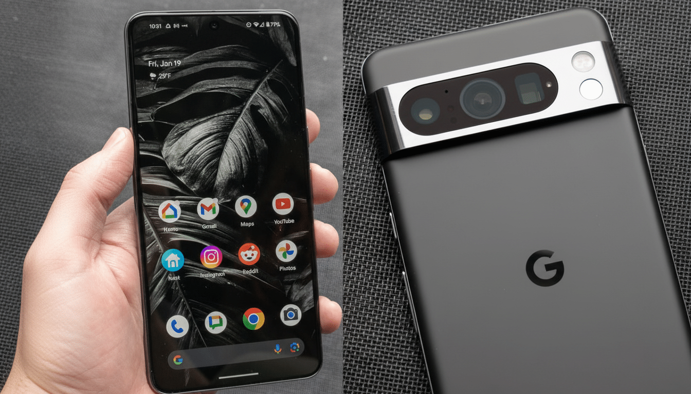 A 16:9 aspect ratio image showing a hand holding a smartphone on the left, and the back of another smartphone with a camera bar on the right.