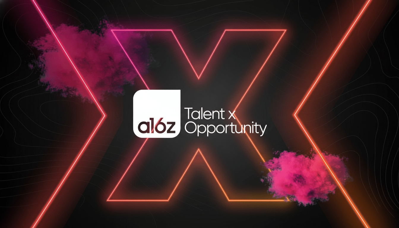 A professional image with a black background featuring a large, neon orange X outline. The text Talent x Opportunity is displayed in white next to a white logo that reads a16z. Pink and purple smoke effects are visible around the X.