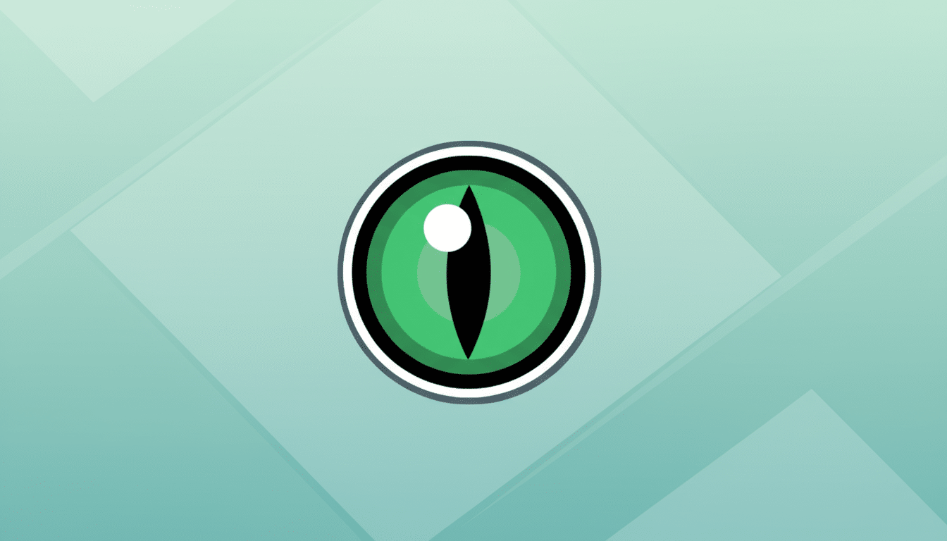 A green cat-like eye icon with a vertical black pupil and a white highlight, centered on a light teal background with subtle geometric patterns.