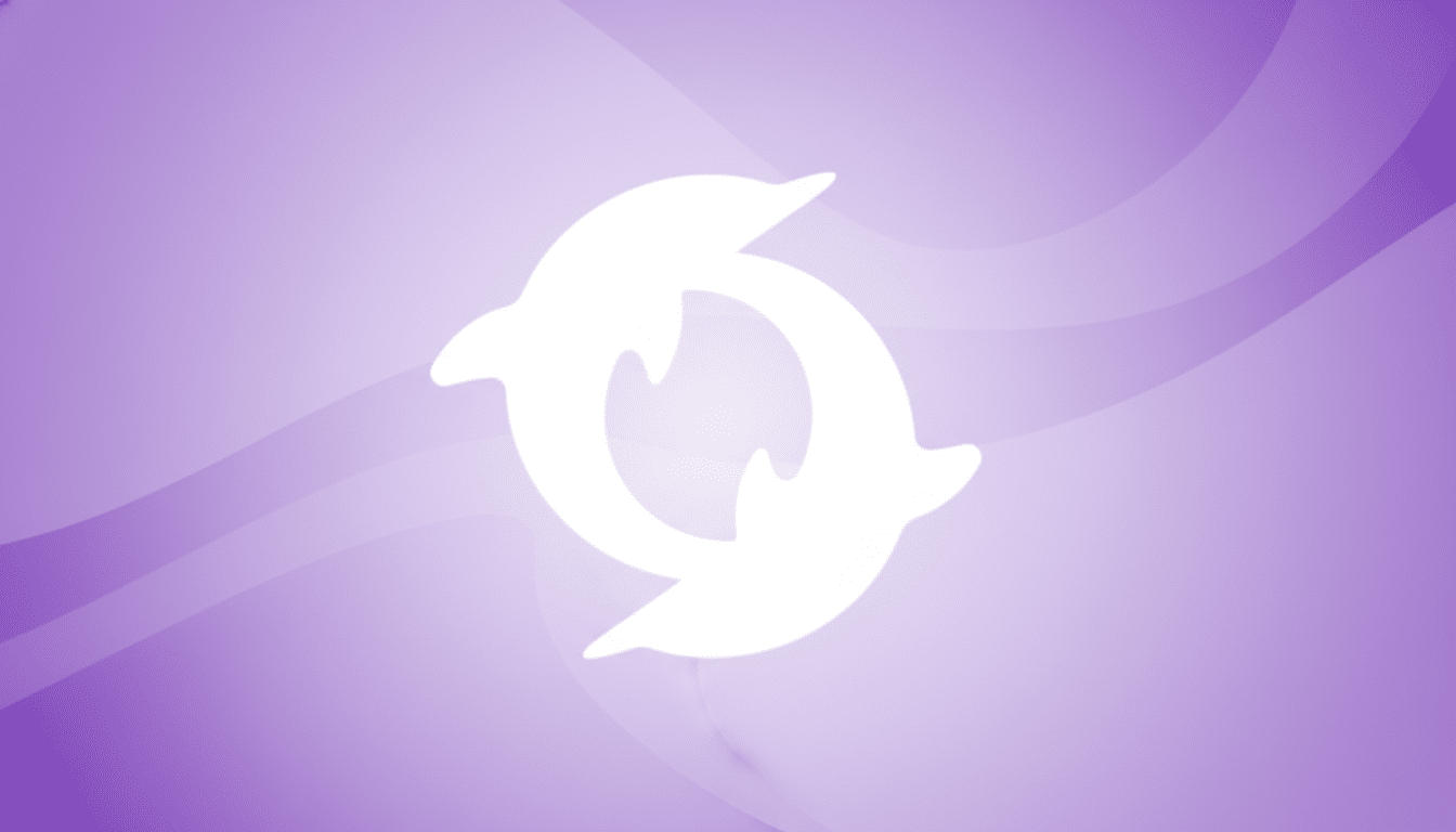 A white dolphin logo on a purple background with subtle wave patterns.