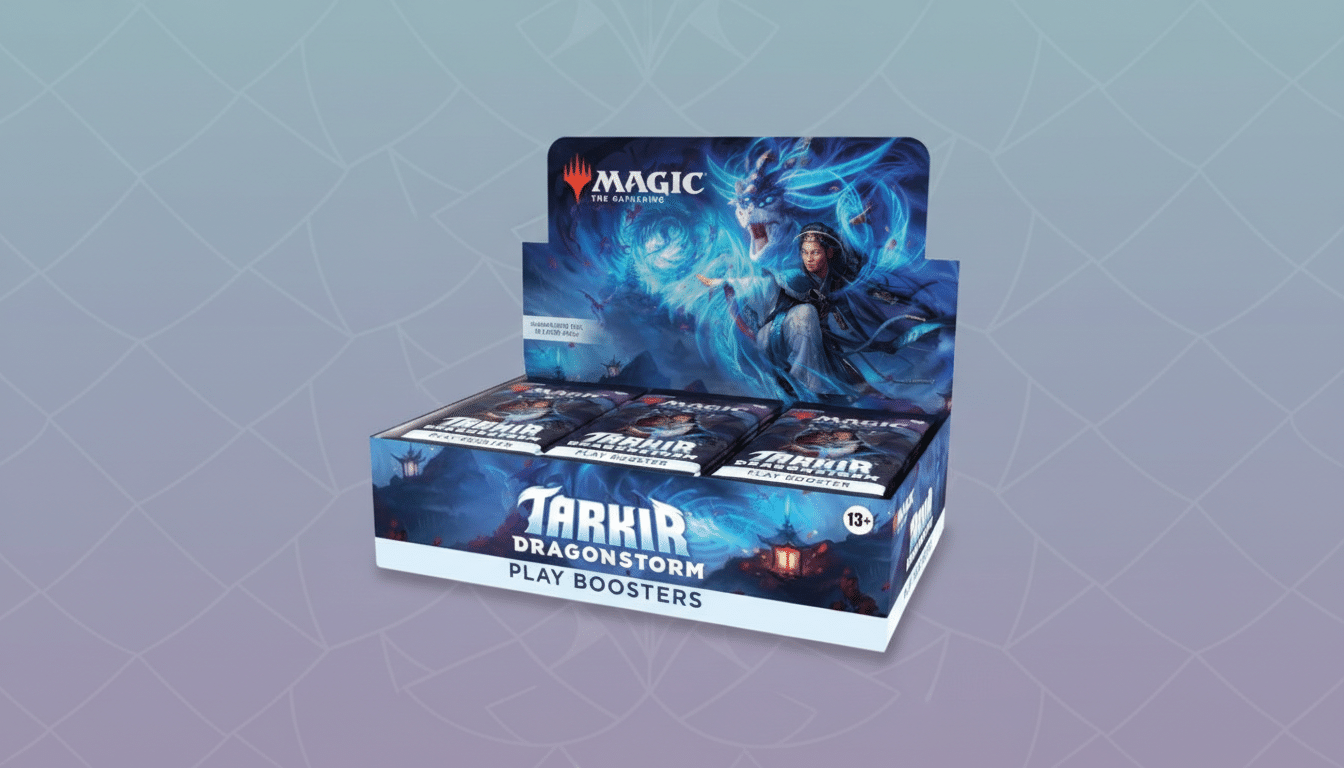 A box of Magic: The Gathering Tarkir Dragonstorm Play Boosters on a professional flat design background with soft patterns.