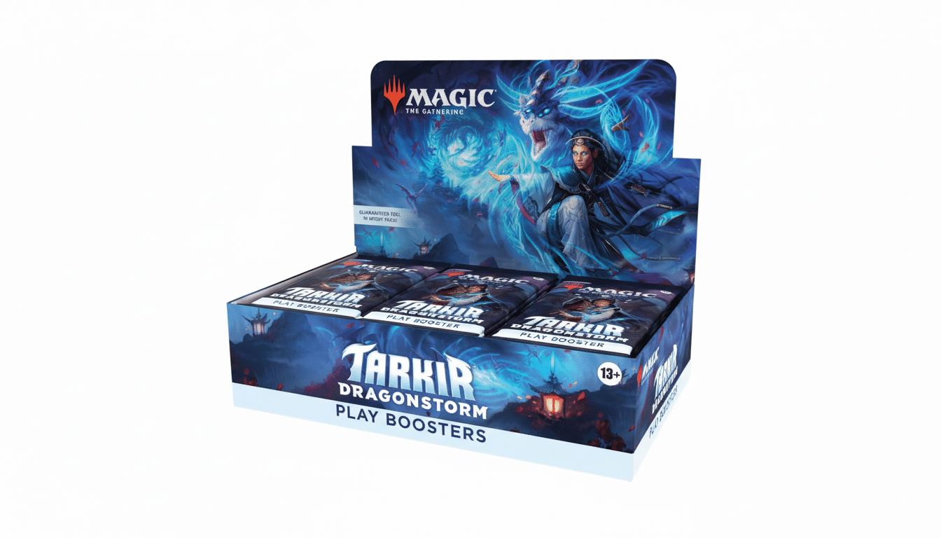 A 16:9 aspect ratio image of a display box for Magic: The Gathering Tarkir Dragonstorm Play Boosters, featuring a female character and a dragon on the box art.