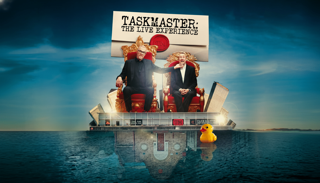 A 16:9 aspect ratio image of Greg Davies and Alex Horne from Taskmaster, seated on golden thrones on a floating platform, with a rubber duck in the water.