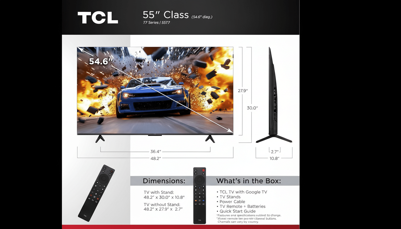 A professional product image of a TCL 55-inch television, showcasing its front view with dimensions, a side profile, and a remote control. The background is a clean, dark gray with a red accent at the bottom.
