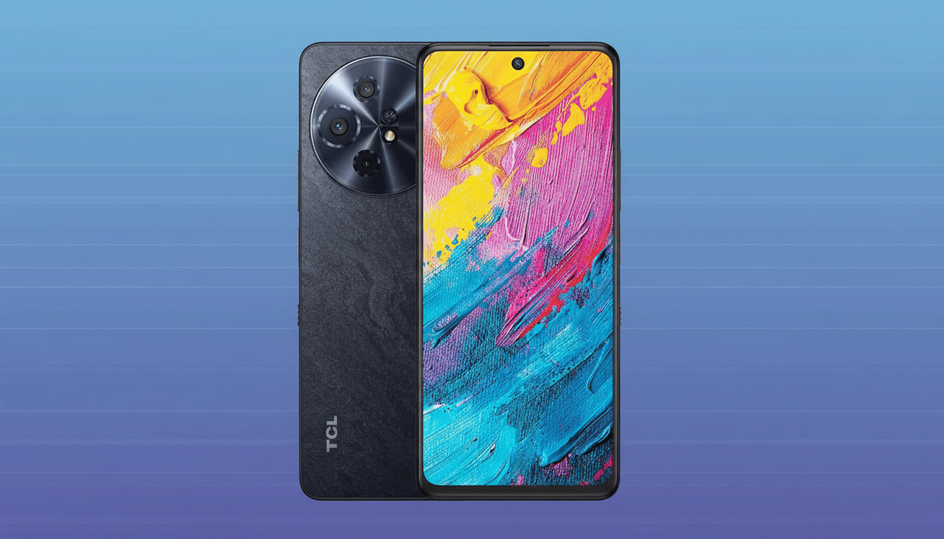 A TCL smartphone with a vibrant, abstract painting on its screen, presented on a professional blue gradient background.