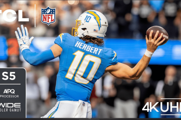 A TCL S5 4K UHD television displaying a football game with player Herbert in a blue jersey holding a football.