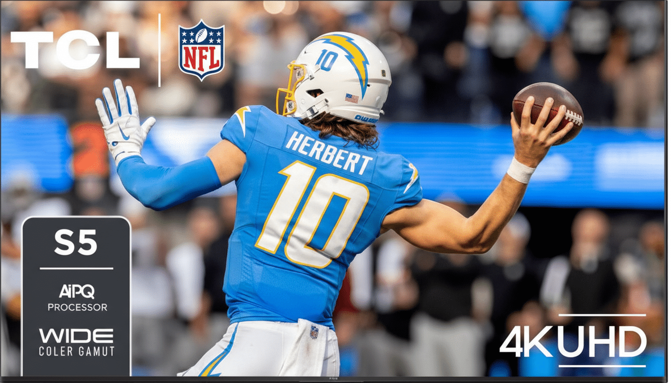 A TCL S5 4K UHD television displaying a football game with player Herbert in a blue jersey holding a football.