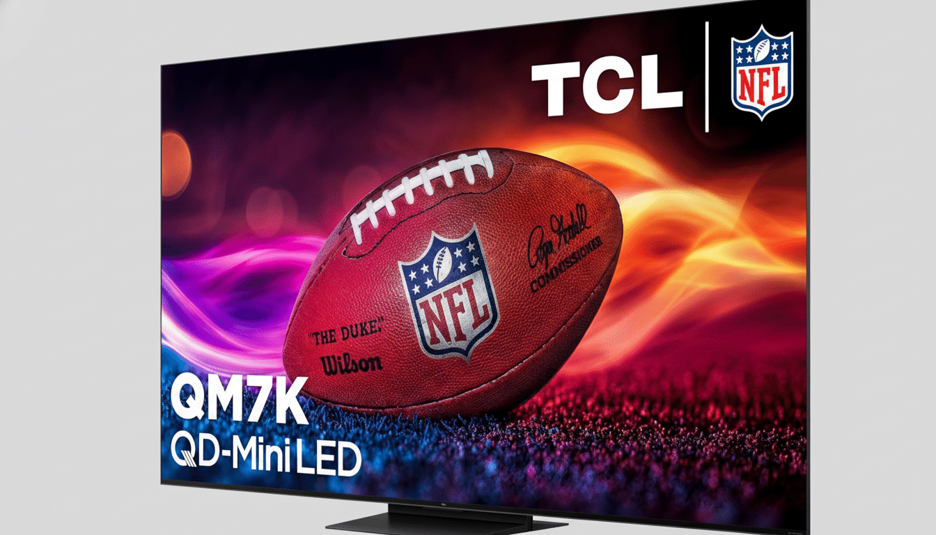 A TCL QM7K QD-Mini LED television displaying an NFL football on a vibrant, colorful background.