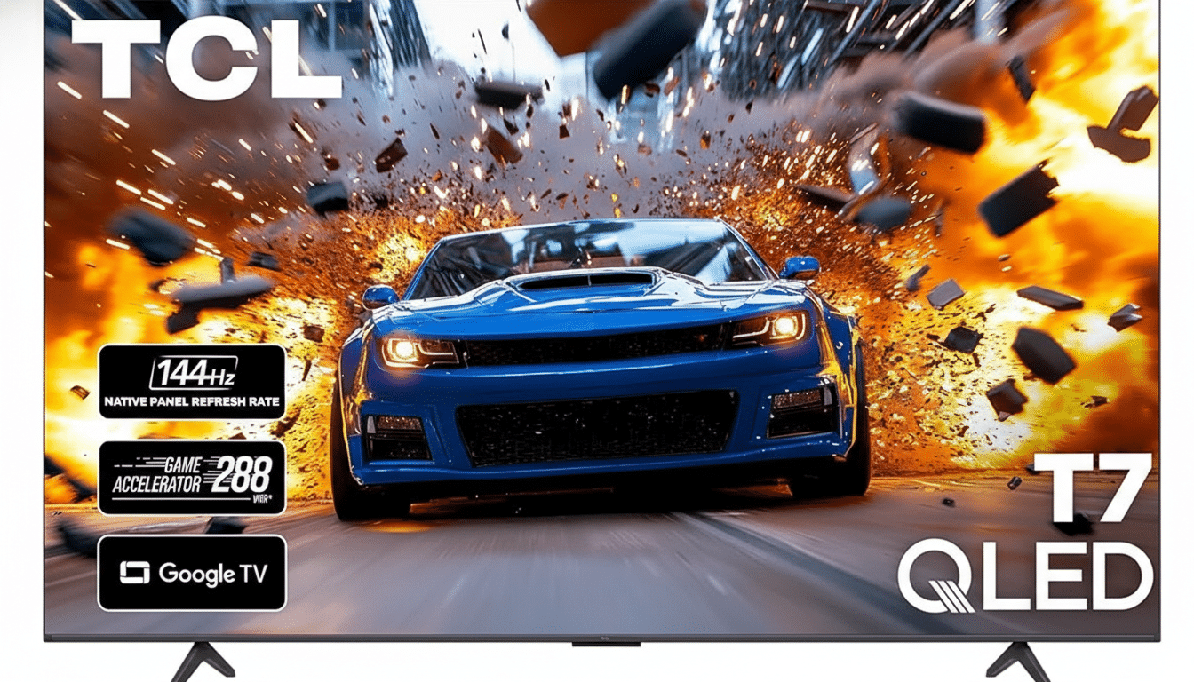 A TCL T7 QLED television displaying a blue sports car in an explosion, with TCL in the top left, T7 QLED in the bottom right, and feature badges for 144Hz Native Panel Refresh Rate, Game Accelerator 288 VRR, and Google TV on the left side.