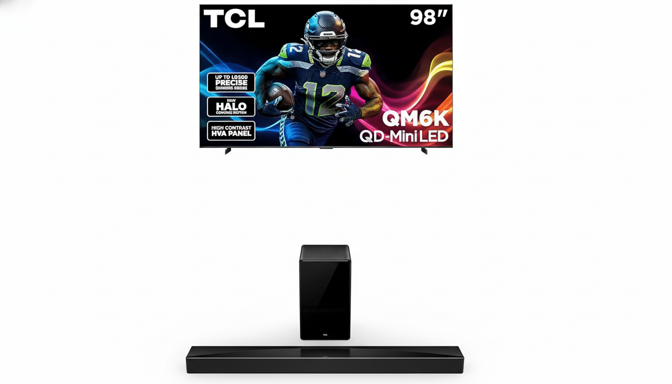 A TCL 98-inch QM6K QD-Mini LED TV displaying a football player, positioned above a black soundbar and subwoofer.
