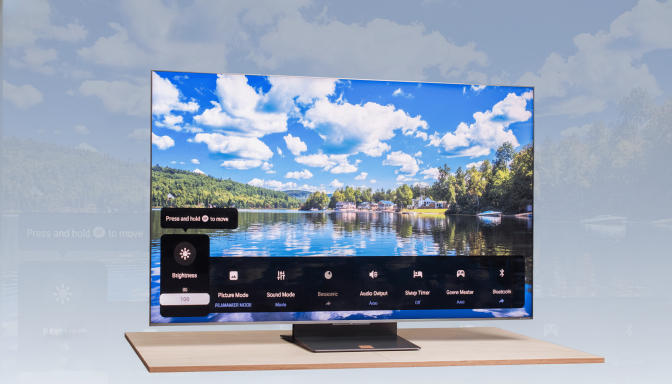 A large television displaying a scenic lake view with an on-screen menu overlay, set on a wooden surface with a subtly blurred background.