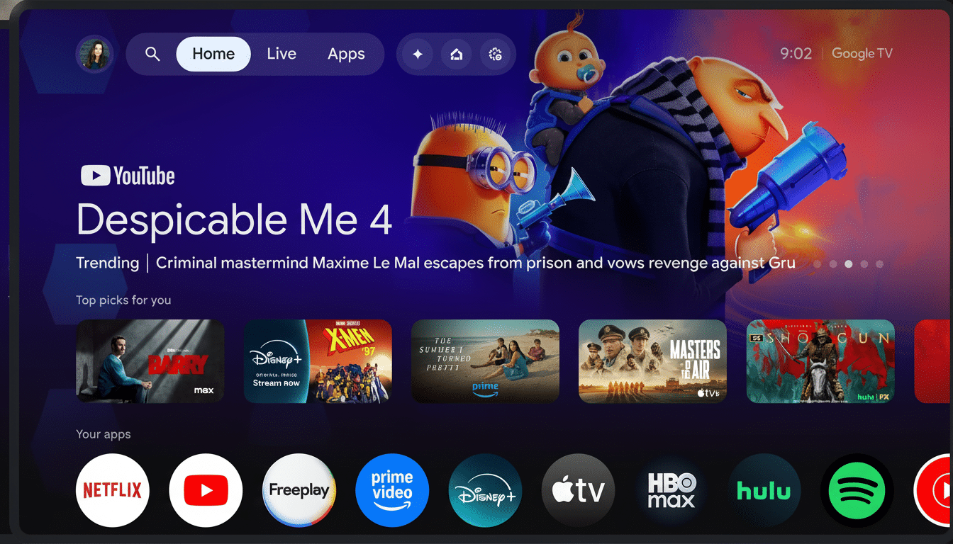 A television screen displaying the Google TV interface with Despicable Me 4 featured prominently, along with various streaming app icons and movie/show recommendations.