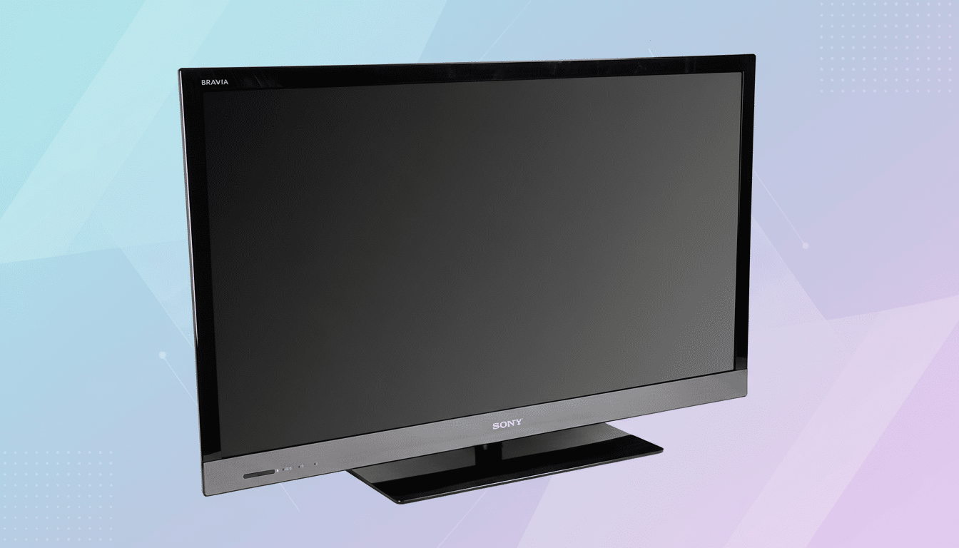 A Sony Bravia television with a black screen and a silver base, set against a professional flat design background with soft blue and pink gradients and subtle geometric patterns.