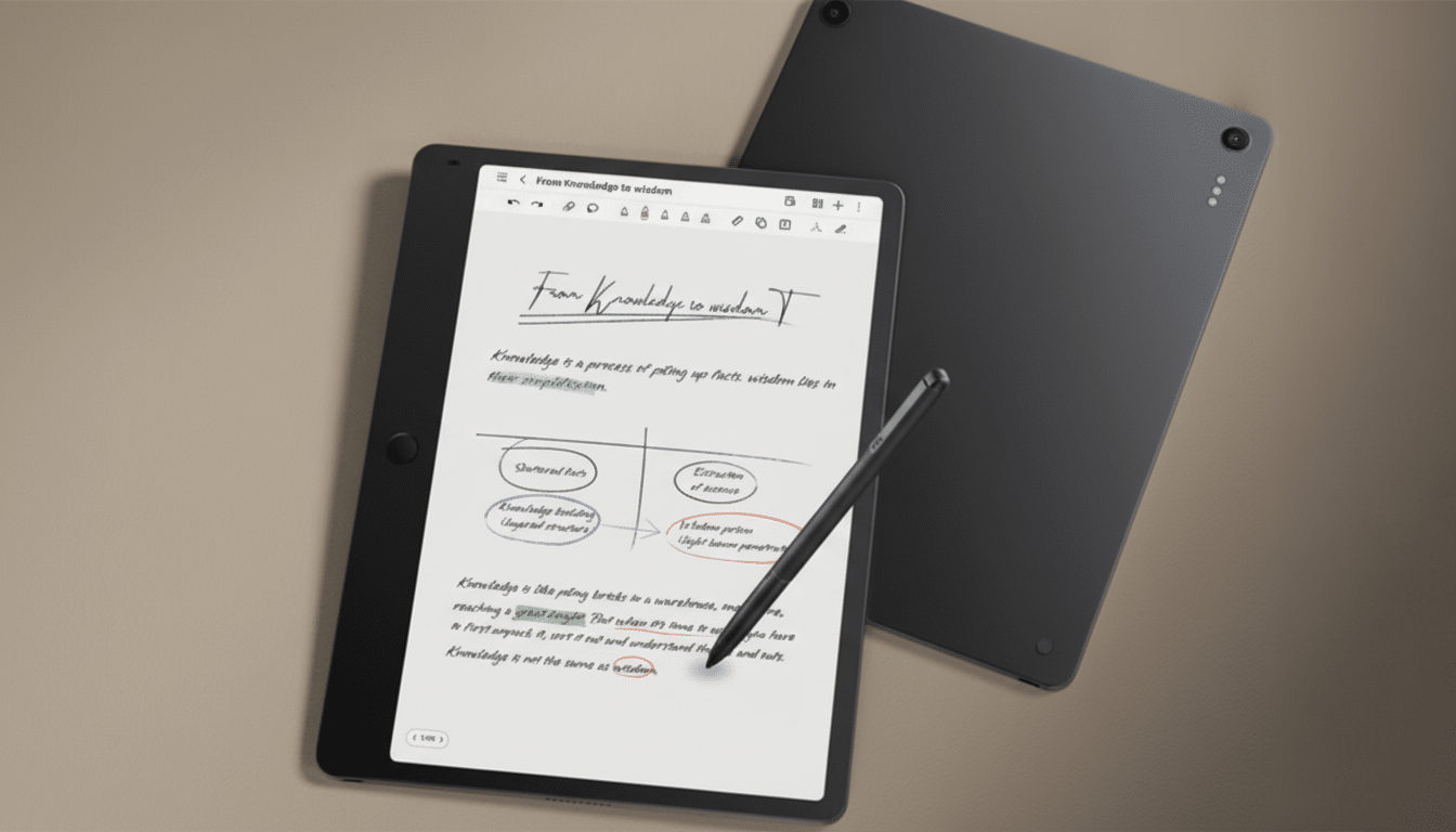 A black tablet with a stylus resting on its screen, displaying handwritten notes and diagrams, with another tablet lying behind it.