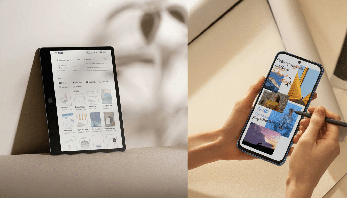 A tablet displaying a note-taking app and a hand holding a smartphone with a collage of images, both set against a light, professional background.