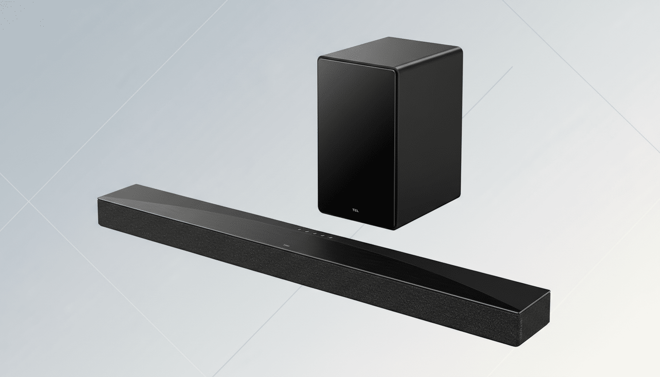 A black soundbar and a matching black subwoofer are displayed on a professional flat design background with soft patterns and gradients.