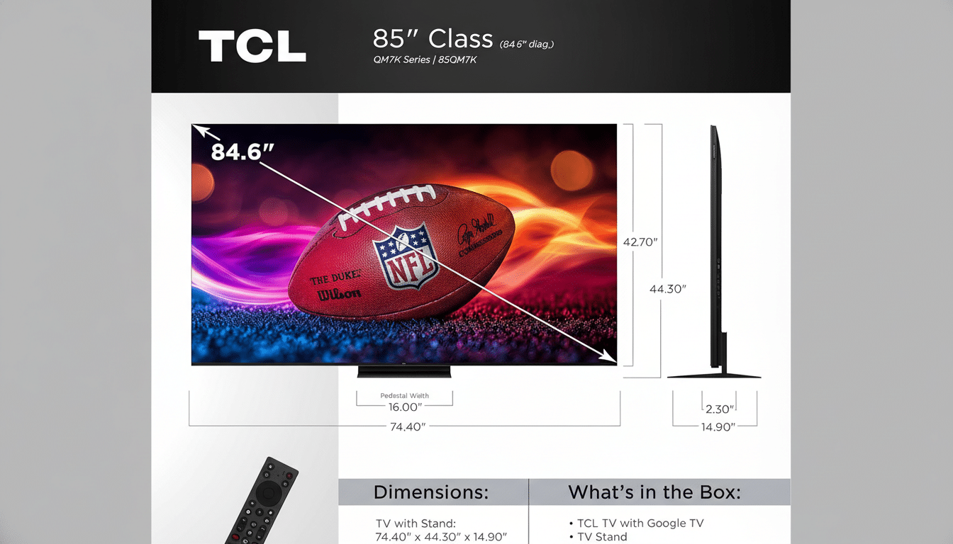 A TCL 85-inch television with its dimensions and included accessories.