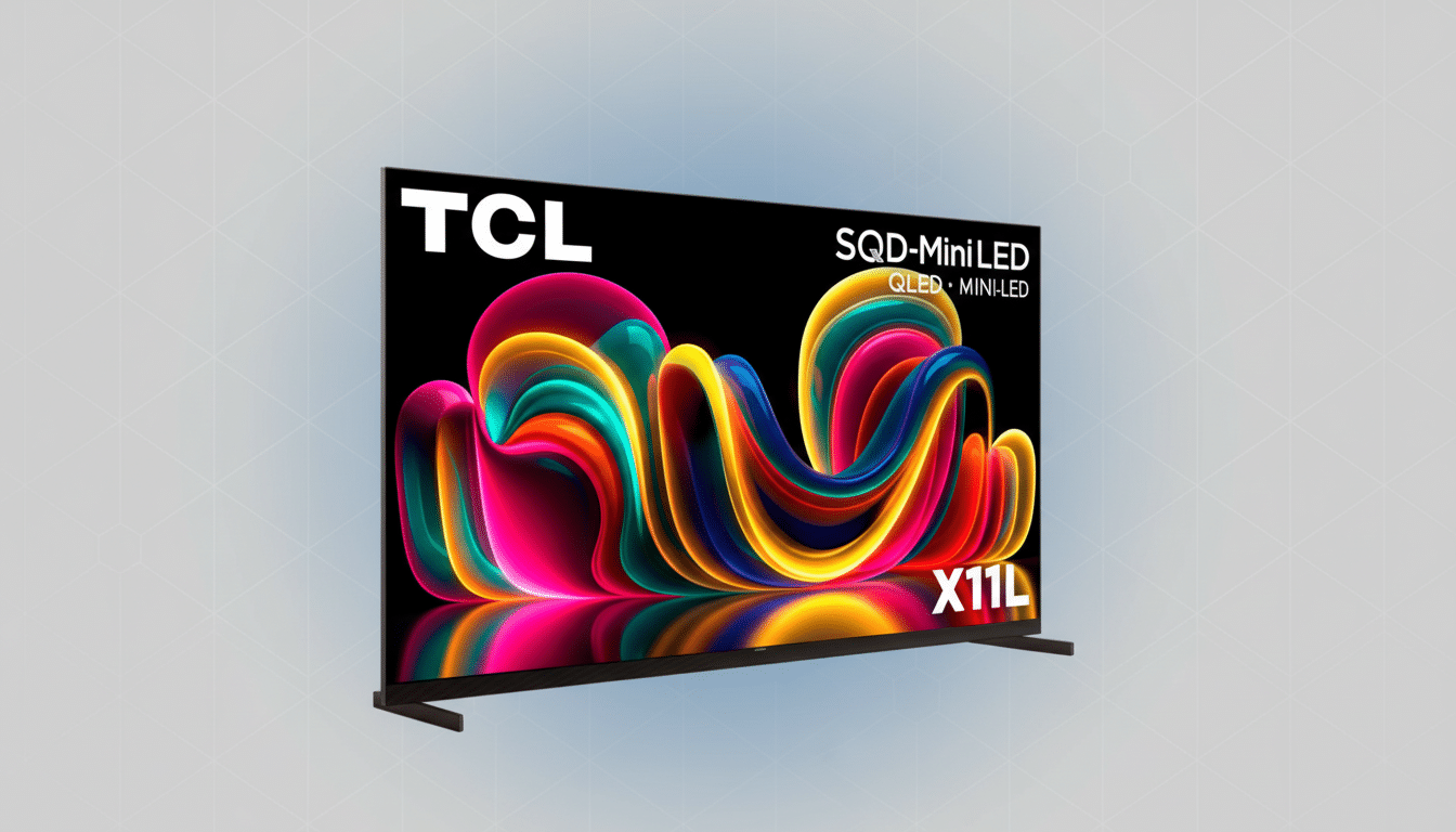 A TCL SQD-Mini LED X11L television with a colorful abstract image on its screen, set against a professional flat design background with soft patterns and gradients.