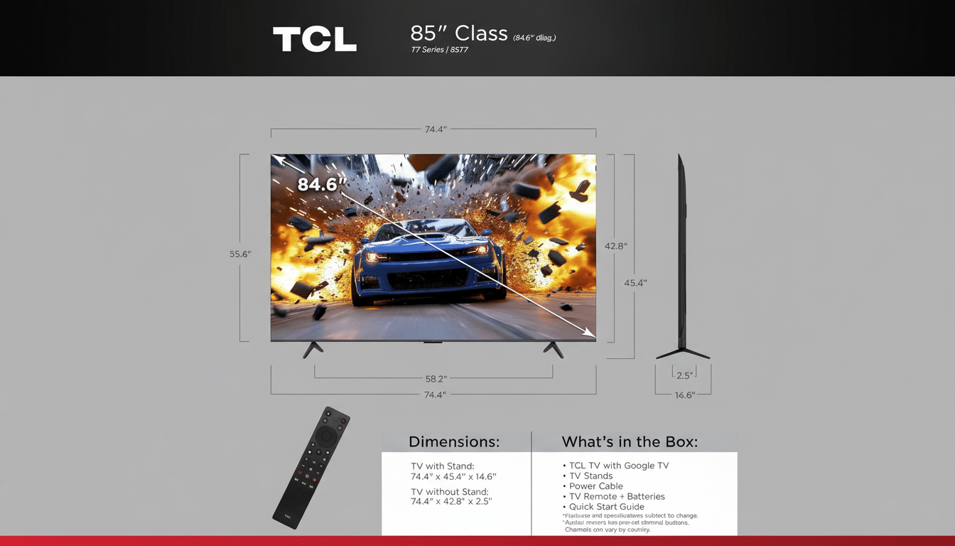 A professional image of a TCL 85-inch television with its dimensions and included accessories, set against a clean, dark gray background with a red stripe at the bottom.
