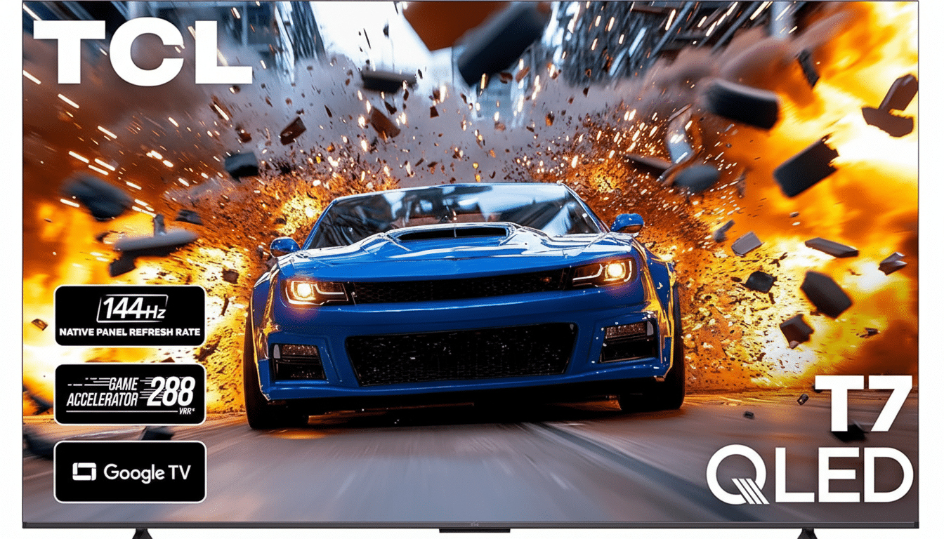 A TCL T7 QLED television displaying a blue sports car exploding from a fiery background.