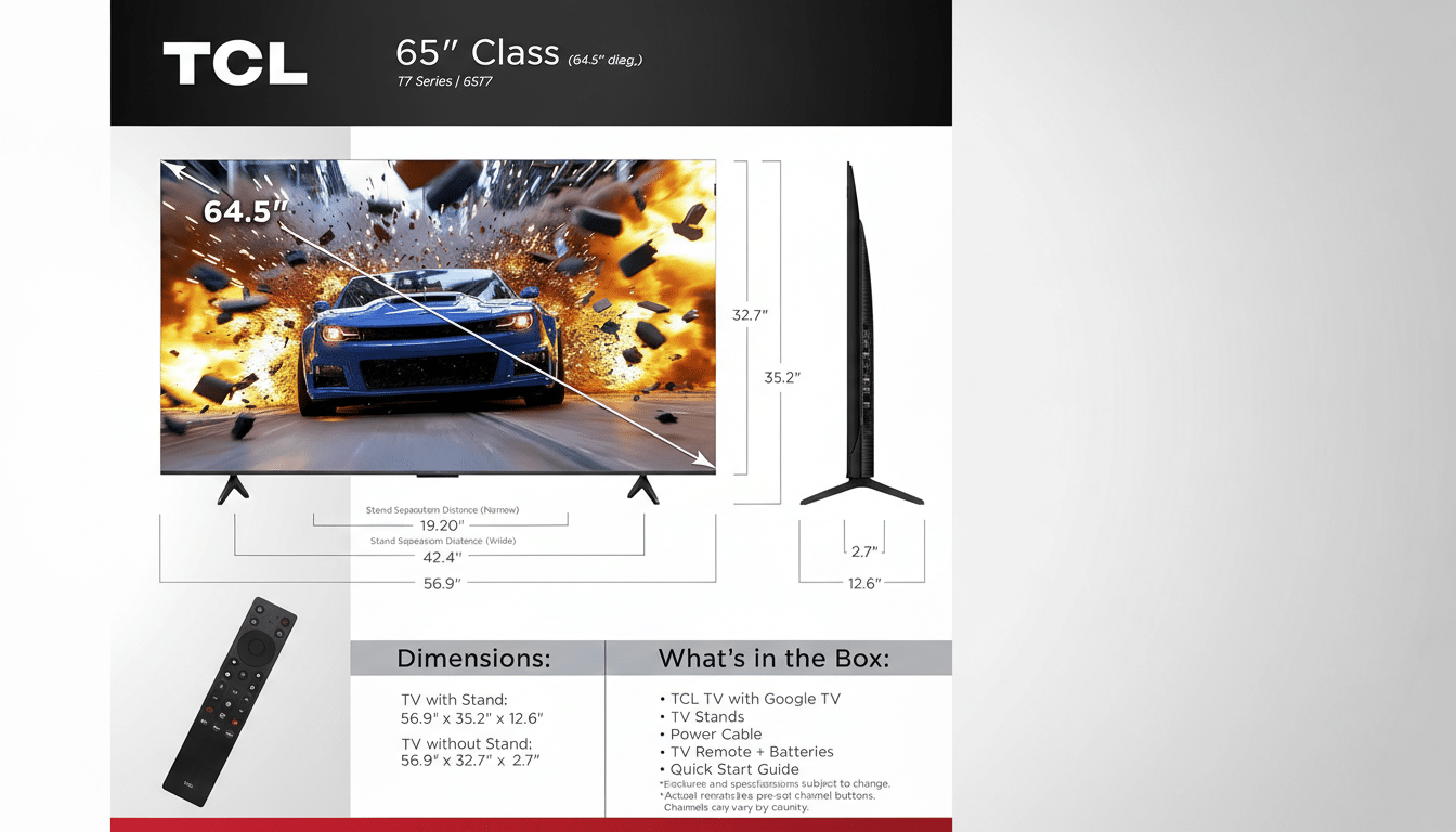 A TCL 65-inch television advertisement with dimensions and included items.