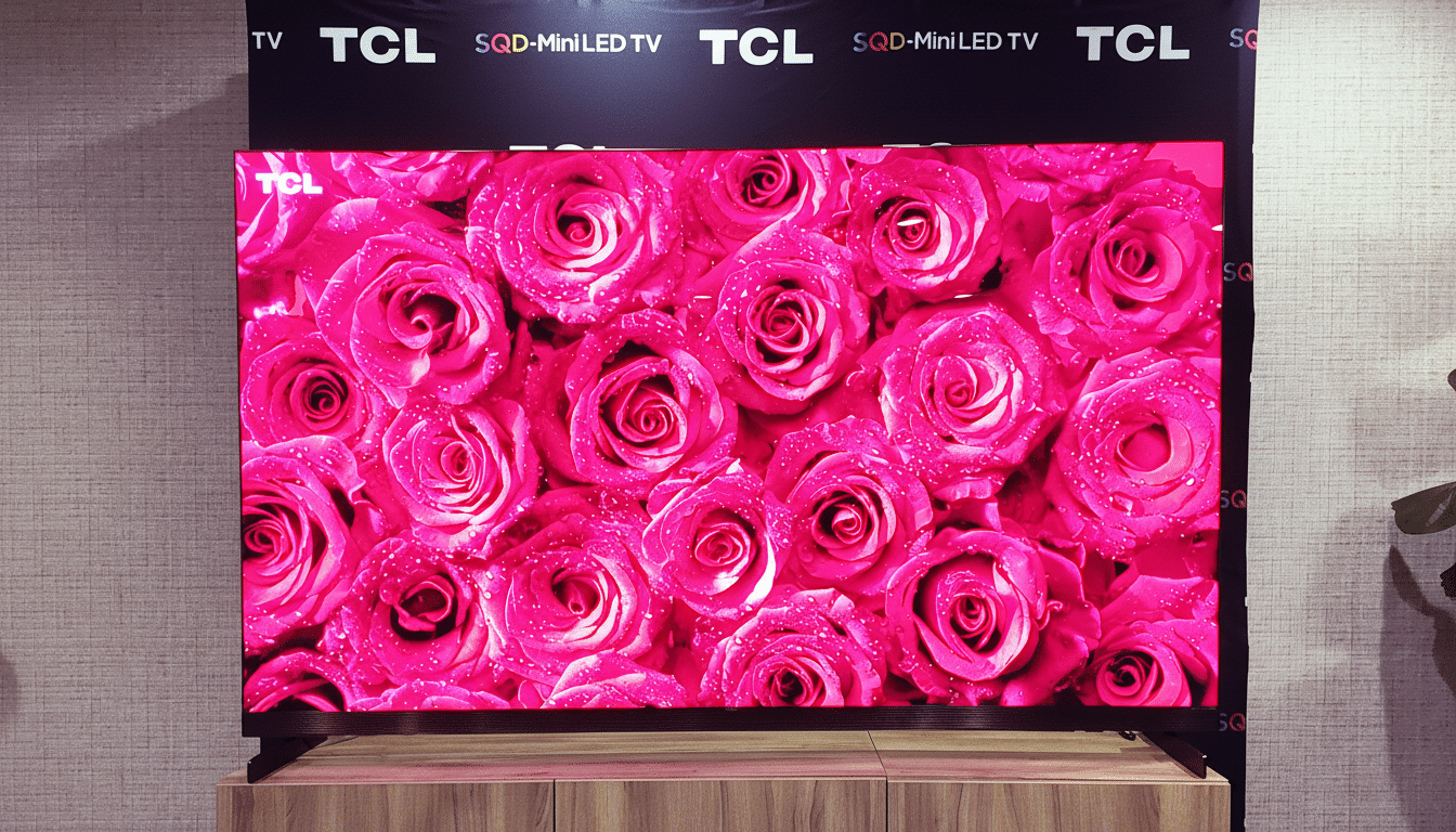 A TCL television displaying an image of pink roses, set against a backdrop with TCL branding.