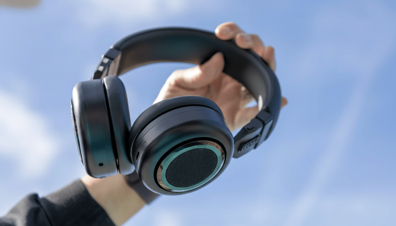 A hand holding black over-ear headphones against a clear blue sky.