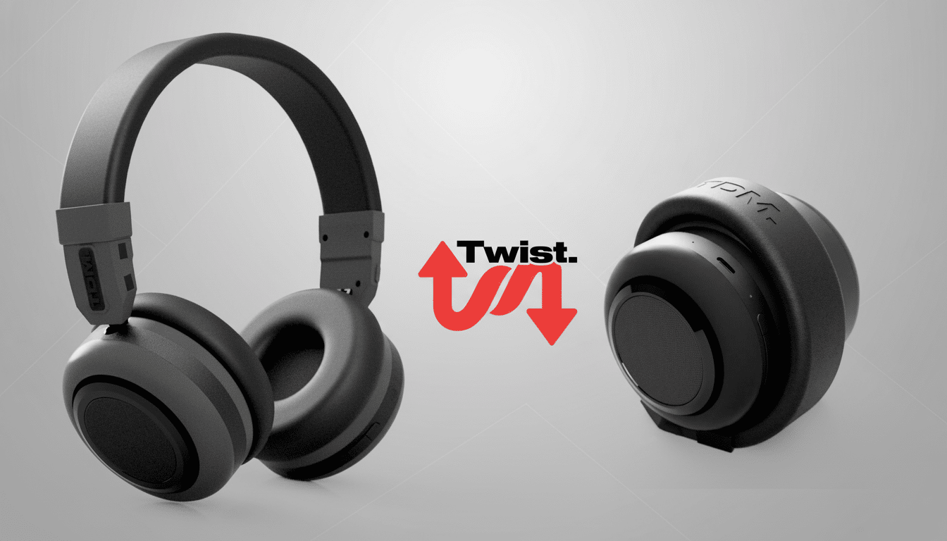 A pair of black headphones, one unfolded and one folded, with the red Twist. logo featuring two arrows pointing up and down, all set against a professional gray gradient background.