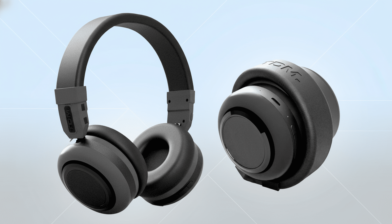 A pair of black over-ear headphones, one upright and one lying on its side, against a light blue background with subtle geometric patterns.