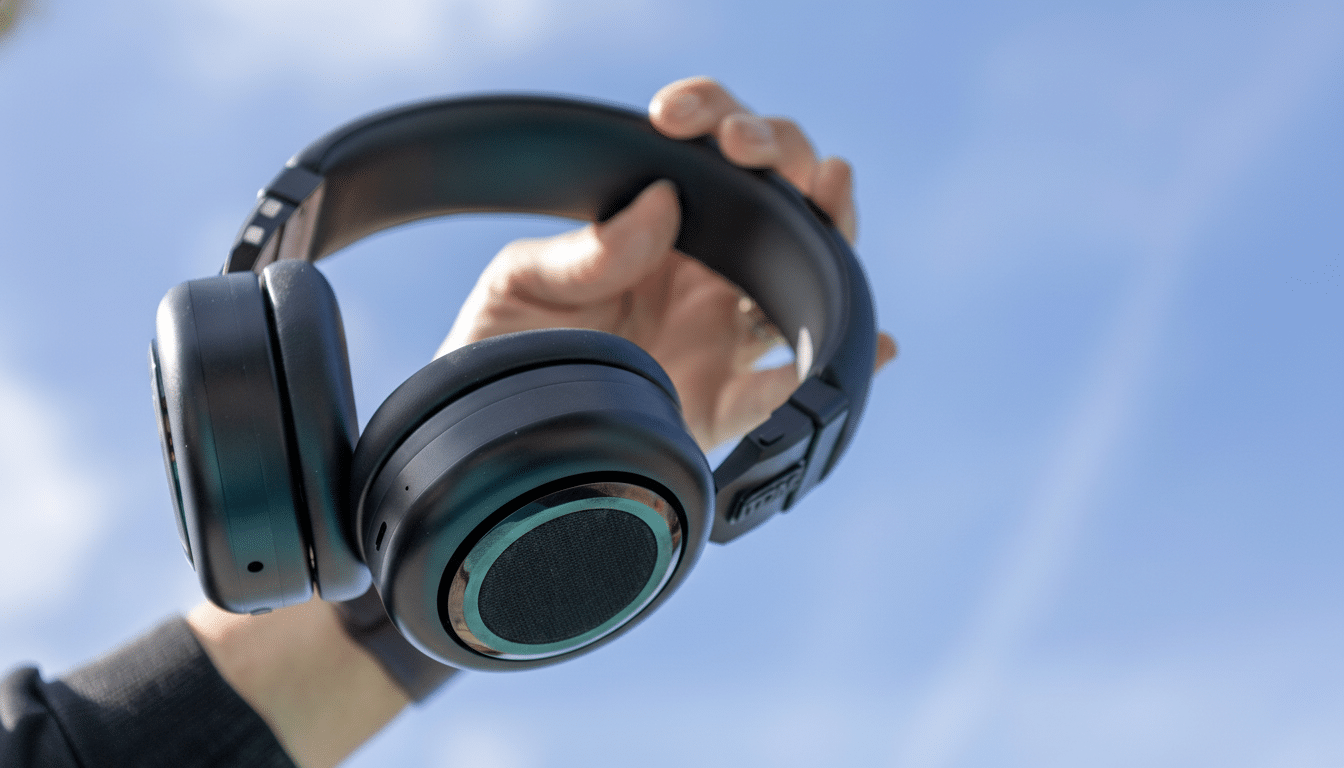 A hand holding black over-ear headphones against a clear blue sky, resized to a 16:9 aspect ratio.