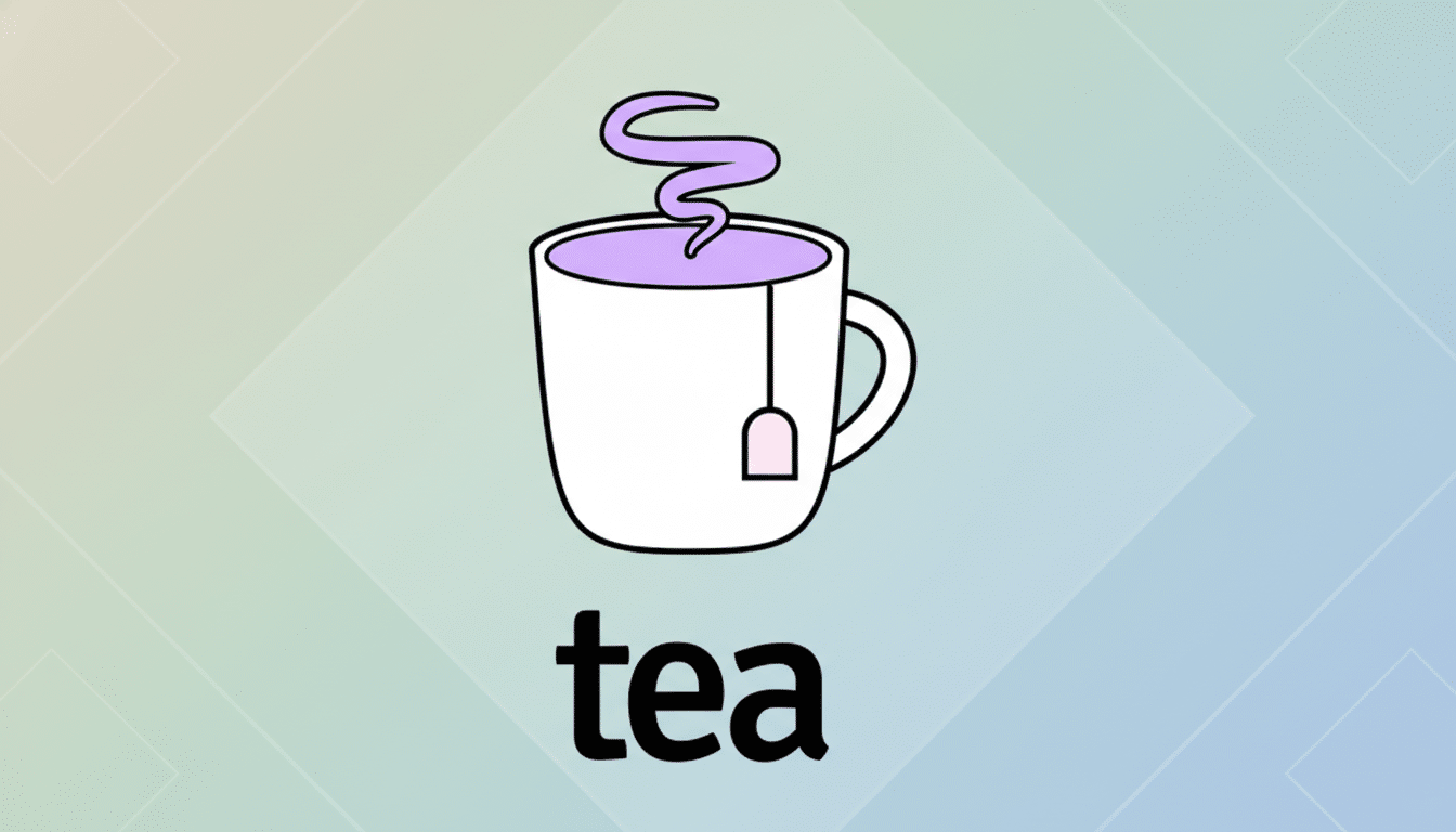 A white mug with purple tea and a tea bag, with purple steam rising, and the word tea below it, all on a professional flat design background with soft patterns and gradients.